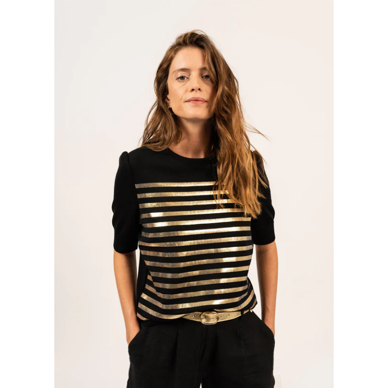 Pull rayé à manches courtes Florensac noir / doré