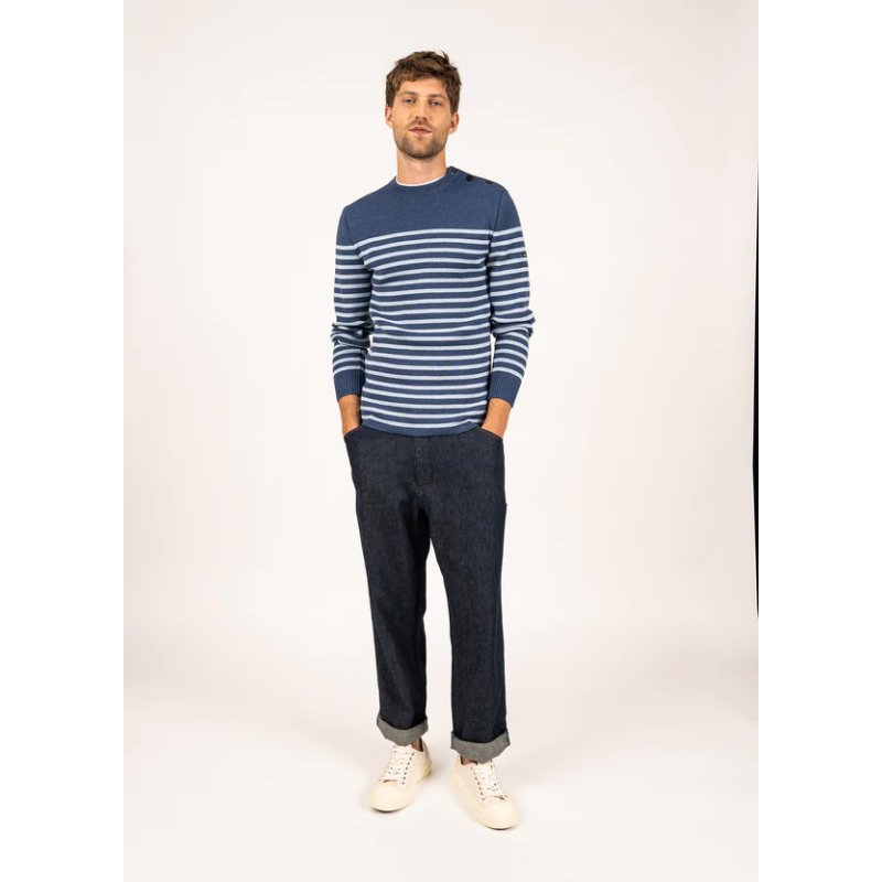 Pull Rochefort rayé jean/ ciel